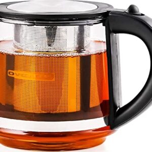 Ovente 27 Ounce Reusable Loose Leaf Tea Infuser Well Matched with Glass Tea Kettle KG612S, Portable Tea Maker with Cool Touch Handle & Easy to Flip Lid, Easy Clean Teapot with Free Scoop, Black FGK27B