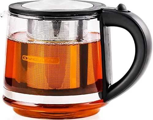 Ovente 27 Ounce Reusable Loose Leaf Tea Infuser Well Matched with Glass Tea Kettle KG612S, Portable Tea Maker with Cool Touch Handle & Easy to Flip Lid, Easy Clean Teapot with Free Scoop, Black FGK27B