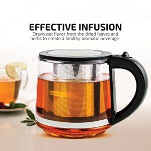 Ovente 27 Ounce Reusable Loose Leaf Tea Infuser Well Matched with Glass Tea Kettle KG612S, Portable Tea Maker with Cool Touch Handle & Easy to Flip Lid, Easy Clean Teapot with Free Scoop, Black FGK27B