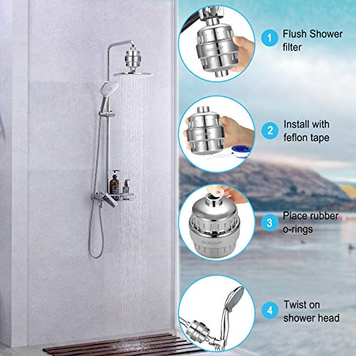 GOGOUP Shower Filter for Hard Water, Built in Replaceable 15 Stage Shower Head Filter Cartridge Universal Transform Itching Eczema & Acne into Glowing Hair Nails & Skin Fast- Chrome
