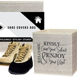 Shoe Covers Box - Welcomes Guests to Please Cover Shoes. Indoor Foldable Storage Bin to Fill w/your Favorite Booties. For Homeowner, Real Estate Agent, Realtor Open House Supplies | 1 Beige & Black