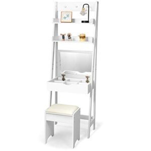 charmaid 3-in-1 vanity set with flip top mirror, 6 makeup organizers, 2 storage shelves, 3 hat hooks vanity table desk bookshelf with cushioned stool, ladder desk makeup vanity for small spaces, white