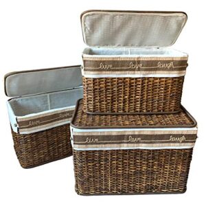 GUTZ Handcrafted Wicker Set of 3 Storage Handwoven Rattan Footlocker Basket Chest Home Organizers with Lids, Handles, Cloth Liner and Coconut Buttons, Jute Rope, and Raffia Weave Accent