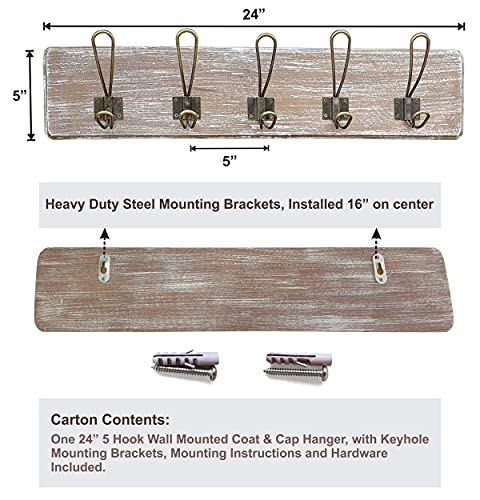 WRIGHTMART Wooden Coat Rack Wall Mounted with 5 Hanger Hook, for Porch, Kitchen, Bedroom, Hallway, Antique Farmhouse Rustic Character, Mahogany Wood, (Aged Whitewash Bronze Hook)