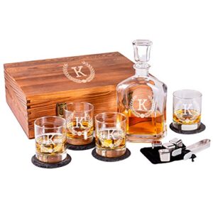 personalized whiskey decanter set for men - 9 design options - engraved liquor decanter sets with scotch glasses - gift set for him, dad - premium set includes whiskey stones - by froolu