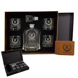 Personalized Whiskey Decanter Set for Men - 9 Design Options - Engraved Liquor Decanter Sets with Scotch Glasses - Gift Set for Him, Dad - Premium Set Includes Whiskey Stones - by Froolu