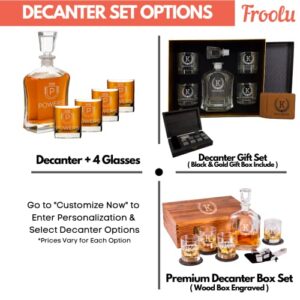 Personalized Whiskey Decanter Set for Men - 9 Design Options - Engraved Liquor Decanter Sets with Scotch Glasses - Gift Set for Him, Dad - Premium Set Includes Whiskey Stones - by Froolu