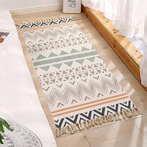 yenslii cotton area rug with tassel, bohemia rug hand woven print rug 2'x4.3' throw rug for bedroom, kitchen, laundry room washable (beige)