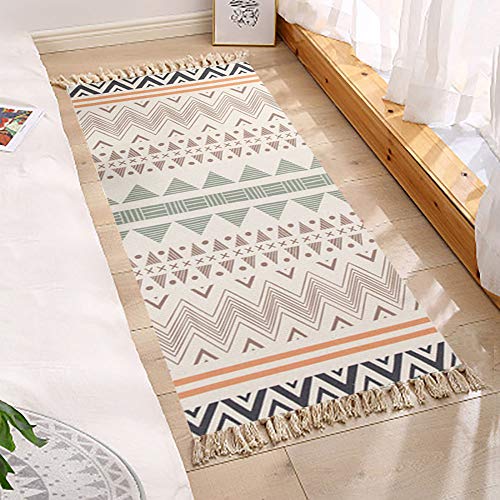 Yenslii Cotton Area Rug with Tassel, Bohemia Rug Hand Woven Print Rug 2'x4.3' Throw Rug for Bedroom, Kitchen, Laundry Room Washable (Beige)