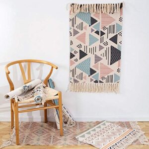 Yenslii Cotton Area Rug with Tassel, Bohemia Rug Hand Woven Print Rug 2'x4.3' Throw Rug for Bedroom, Kitchen, Laundry Room Washable (Beige)