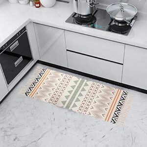 Yenslii Cotton Area Rug with Tassel, Bohemia Rug Hand Woven Print Rug 2'x4.3' Throw Rug for Bedroom, Kitchen, Laundry Room Washable (Beige)