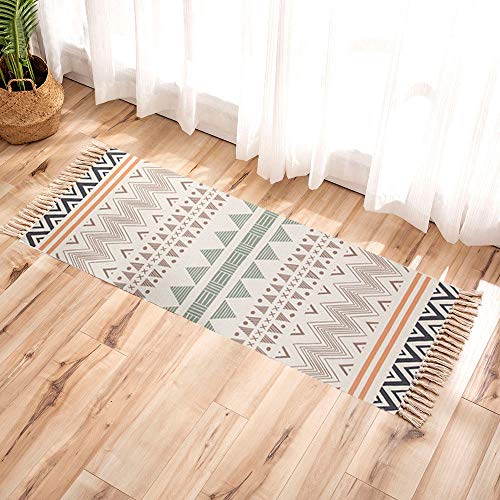 Yenslii Cotton Area Rug with Tassel, Bohemia Rug Hand Woven Print Rug 2'x4.3' Throw Rug for Bedroom, Kitchen, Laundry Room Washable (Beige)