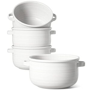 le tauci soup bowls with handles, ceramic french onion soup bowls 28 ounces for soup, cereal, chilli, beef stew, stackable serving bowls set, oven microwave dishwasher safe, set of 4, white