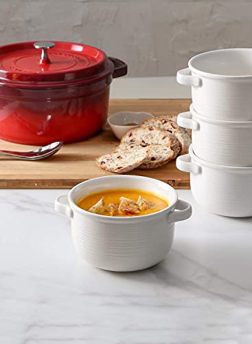 LE TAUCI Soup Bowls with Handles, Ceramic French Onion Soup Bowls 28 Ounces for Soup, Cereal, Chilli, Beef Stew, Stackable Serving Bowls Set, Oven Microwave Dishwasher Safe, Set of 4, White