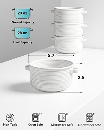 LE TAUCI Soup Bowls with Handles, Ceramic French Onion Soup Bowls 28 Ounces for Soup, Cereal, Chilli, Beef Stew, Stackable Serving Bowls Set, Oven Microwave Dishwasher Safe, Set of 4, White