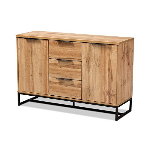 Baxton Studio Reid Oak Finished Wood Black Metal 3-Drawer Sideboard Buffet