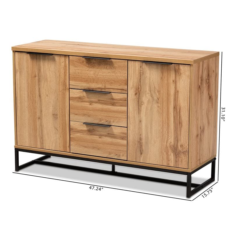 Baxton Studio Reid Oak Finished Wood Black Metal 3-Drawer Sideboard Buffet