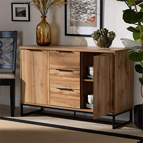 Baxton Studio Reid Oak Finished Wood Black Metal 3-Drawer Sideboard Buffet