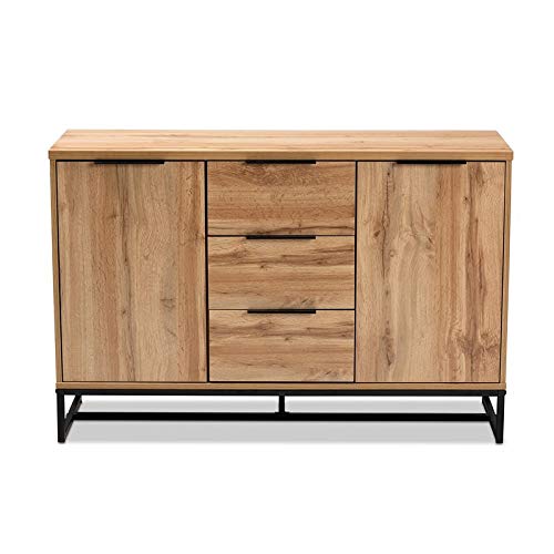 Baxton Studio Reid Oak Finished Wood Black Metal 3-Drawer Sideboard Buffet