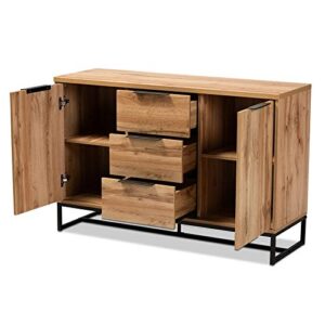 Baxton Studio Reid Oak Finished Wood Black Metal 3-Drawer Sideboard Buffet