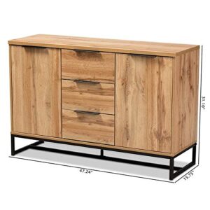 Baxton Studio Reid Oak Finished Wood Black Metal 3-Drawer Sideboard Buffet