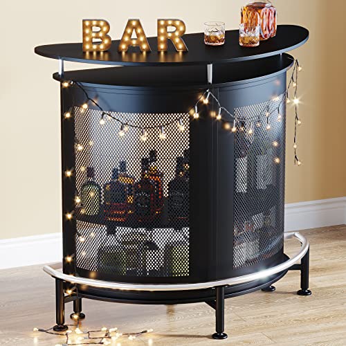 Tribesigns Bar Unit, 4 Tiers Home Bar Table with Storage and Stemware Holder, Liquor Mini Bar with Footrest and Crescent Shaped Counter for Home Pub (Black)