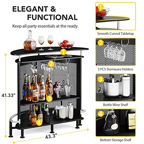 Tribesigns Bar Unit, 4 Tiers Home Bar Table with Storage and Stemware Holder, Liquor Mini Bar with Footrest and Crescent Shaped Counter for Home Pub (Black)