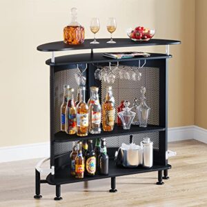 Tribesigns Bar Unit, 4 Tiers Home Bar Table with Storage and Stemware Holder, Liquor Mini Bar with Footrest and Crescent Shaped Counter for Home Pub (Black)