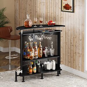 Tribesigns Bar Unit, 4 Tiers Home Bar Table with Storage and Stemware Holder, Liquor Mini Bar with Footrest and Crescent Shaped Counter for Home Pub (Black)