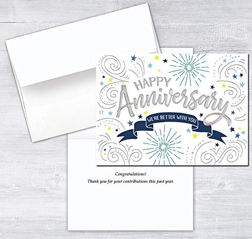 25 Employee Anniversary Cards - Confetti and Stars Design with Silver Holographic Foil Embossing - 26 White Envelopes - FSC Mix