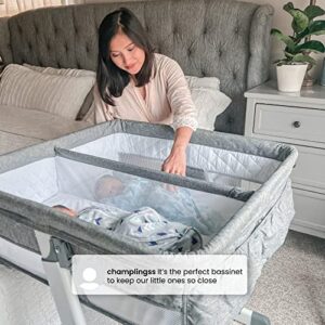 Simmons Kids By The Bed City Sleeper Bassinet for Twins - Adjustable Height Portable Crib with Wheels & Airflow Mesh, Grey Tweed