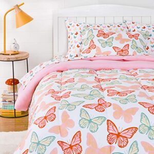 amazon basics kid's easy care microfiber bed-in-a-bag bedding set, 5-piece set, twin, butterfly friends