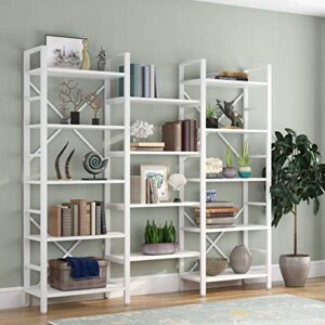 tribesigns triple wide 5-shelf bookcase, etagere large open bookshelf vintage industrial style shelves wood and metal bookcases furniture for home & office, all white