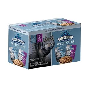 blue buffalo wilderness trail toppers wild cuts high protein, natural wet dog food variety pack, chicken and beef bites, 3-oz pouch, 12 count