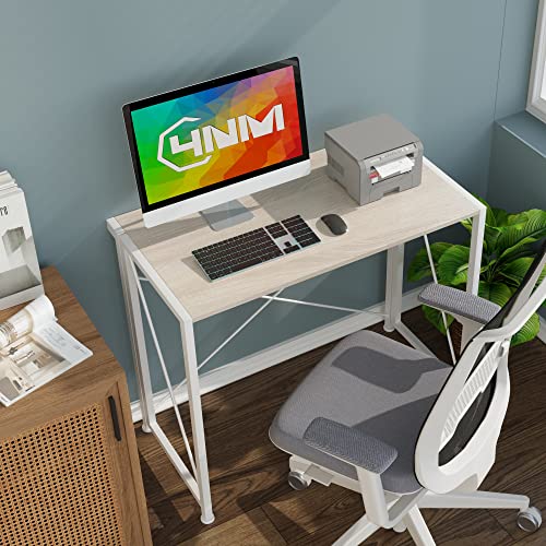 4NM 33.5" Small Folding Desk, Simple Assembly Computer Desk Home Office Desk Study Writing Table for Small Space Offices - Natural and White