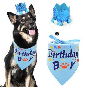 dog birthday bandana boy scarf and crown dog birthday hat, flower headwear for medium to large dogs blue