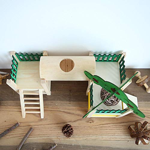 Hamster Houses and Hideouts, Rat Playground Activity Platform Villa with Tube Tunnel Climbing Ladder Natural Wooden Toys Fences and Roofs for Dwarf Mouse, Gerbil,Sugar Glider or Other Small Animals