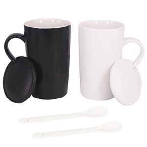 bpfy 16oz set of 2 ceramic coffee mug with lid and spoon, milk cup classic mug drinking cups for tea, coffee, cocoa, black and white marriage or couples (16oz)