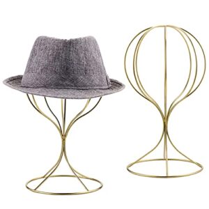 mygift modern brass electroplated metal hat holder stand, decorative tabletop wig and hat display stand, set of 2 - handcrafted in india