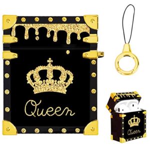 Fiyart Airpods Case for Airpods 2&1 Queen Golden Crown Luxury Trunk Charging Cover Protective Case with Airpod Accessories Anti-Lost Keychain Strap Carabiner