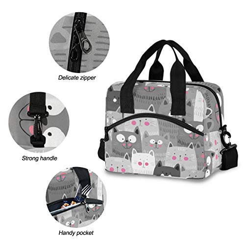 Cartoon Cats Kitten Lunch Bags for Women Black Grey White Lunch Tote Bag Lunch Box Water-resistant Thermal Cooler Bag Lunch Organizer for Working Picnic Beach Sporting