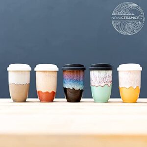 NOVA CERAMICS Reusable Coffee Cup, Ceramic Travel Mug with Lid, Portable Coffee Cup, Unique to Go Mug, Microwave, Dishwasher Safe, 12oz, Black with Running Blue Glaze, Monsoon