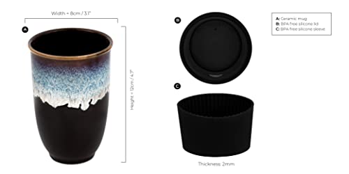 NOVA CERAMICS Reusable Coffee Cup, Ceramic Travel Mug with Lid, Portable Coffee Cup, Unique to Go Mug, Microwave, Dishwasher Safe, 12oz, Black with Running Blue Glaze, Monsoon