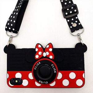 for iphone xr case cute iphone xr case minnie 3d carton camera with rotating ring grip holder kickstand lanyard teens girls women kids soft silicone rubber phone case cover for iphone xr -6.1" (xr)