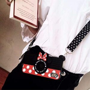 for iPhone XR Case Cute iPhone XR Case Minnie 3D Carton Camera with Rotating Ring Grip Holder Kickstand Lanyard Teens Girls Women Kids Soft Silicone Rubber Phone Case Cover for iPhone XR -6.1" (XR)