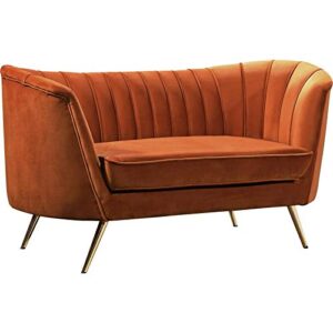 meridian furniture margo collection modern | contemporary velvet upholstered loveseat with deep channel tufting and rich gold stainless steel legs, cognac, 65" w x 30" d x 33" h