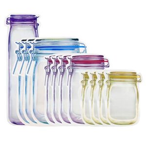 mason jar zipper bags, meltset m 12pcs reusable resealable snack sandwich nut ziplock bottles bags, leakproof airtight seal food saver bags for travel camping and kids