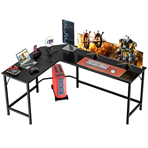 SUPER DEAL 66" L Shaped Gaming Corner Computer Desk with CPU Stand and Foot Rest Bar, PC Laptop Study Table Workstation Gaming Desk for Home Office, Black