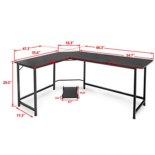 SUPER DEAL 66" L Shaped Gaming Corner Computer Desk with CPU Stand and Foot Rest Bar, PC Laptop Study Table Workstation Gaming Desk for Home Office, Black