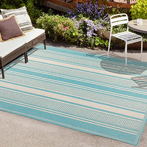 JONATHAN Y SMB202A-4 Haynes Modern Double Stripe Indoor Outdoor Farmhouse Transitional Area Rug,High Traffic,Kitchen,Living Room,Backyard,Non Shedding,4 X 6,Aqua/Beige